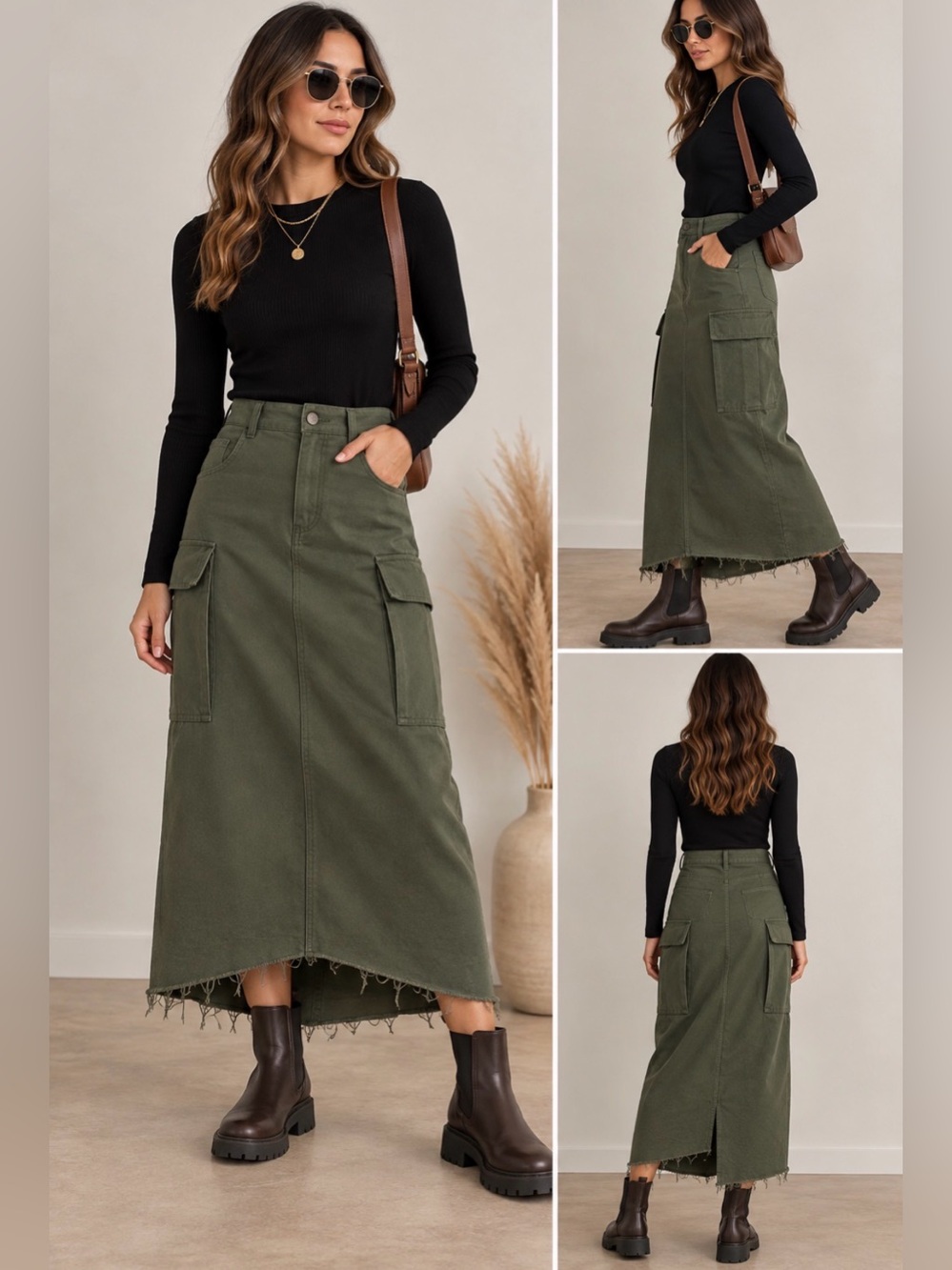 DE BASE Olive Green Cargo Maxi Skirt Size S High Waist Utility